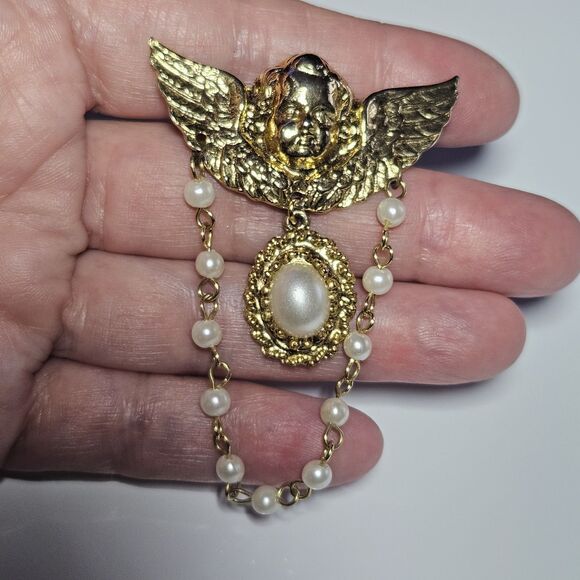 Vintage Gold Tone Angel Faux Pearl Dangle Brooch - Picture 1 of 10